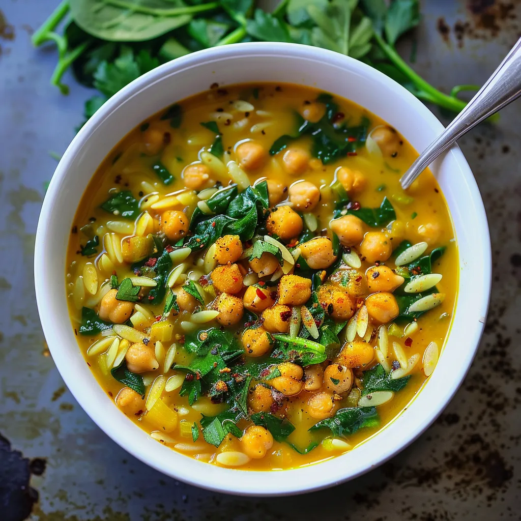 Turmeric Soup with Chickpeas, Orzo and Spinach