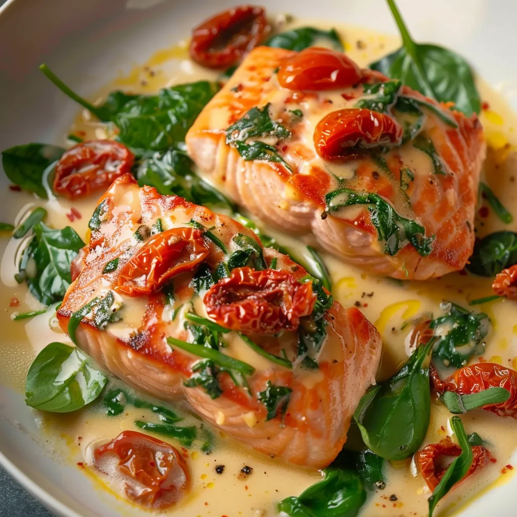 Tuscan salmon with creamy spinach and sun-dried tomatoes