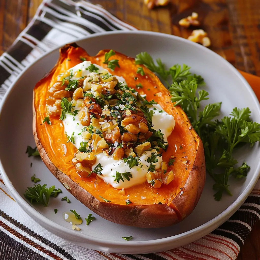 Roasted sweet potato with yogurt, nuts, and honey