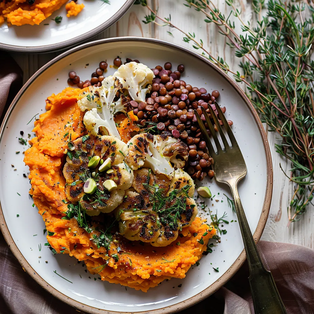 Baked Cauliflower Steak with Sweet Potato Mash