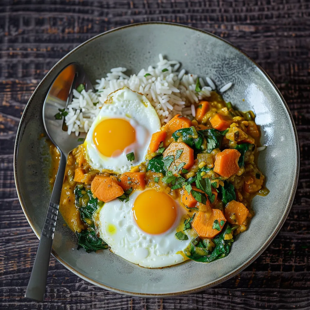 Rice served with sweet potato, spinach, and carrot curry