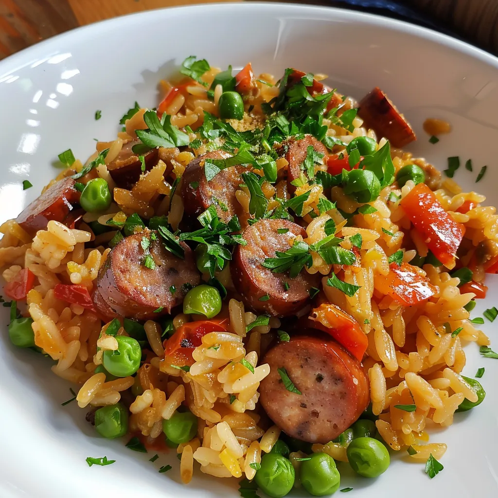 Rice dish with sausages and peas