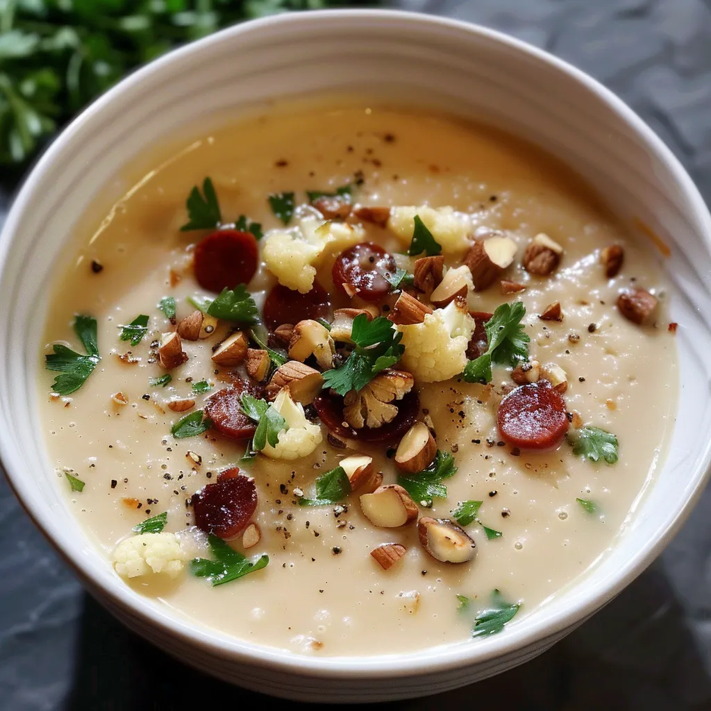 Creamy cauliflower soup with chorizo and nuts