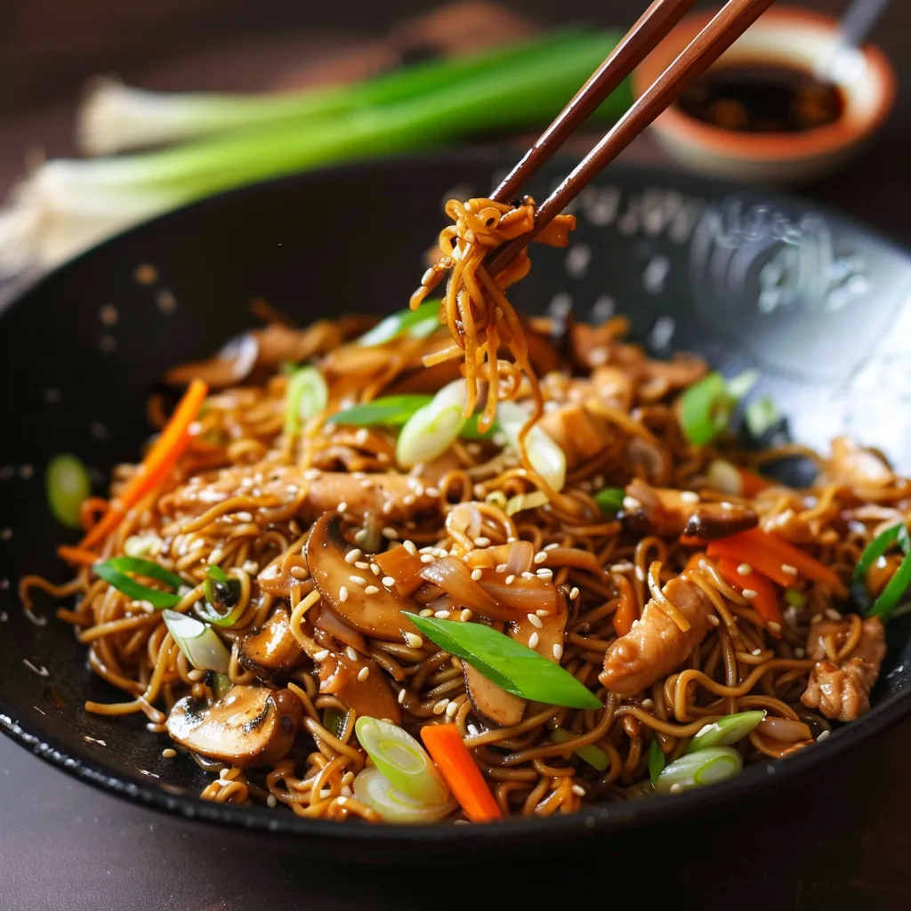 Stir-fried chicken noodles, an easy recipe