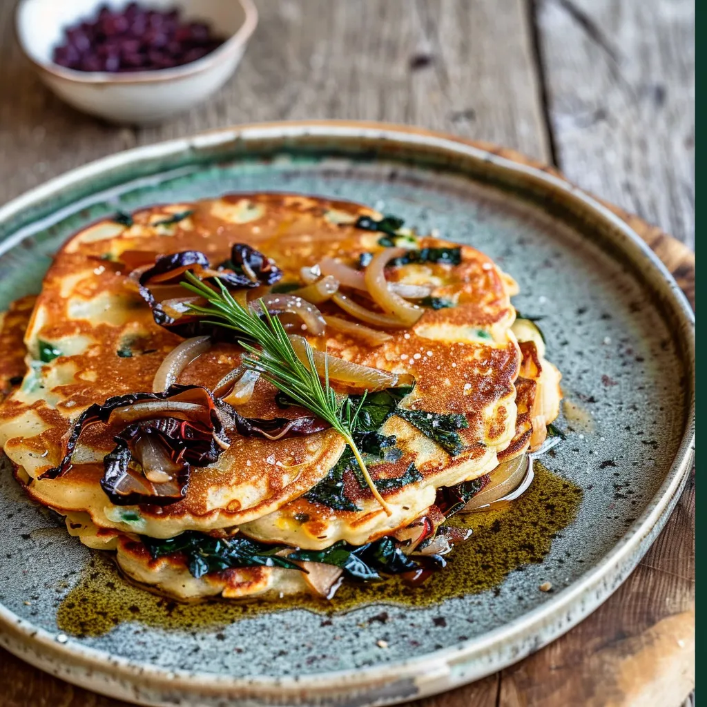 Red Lentil Pancakes with Onions and Swiss Chard - Vegetarian Recipe