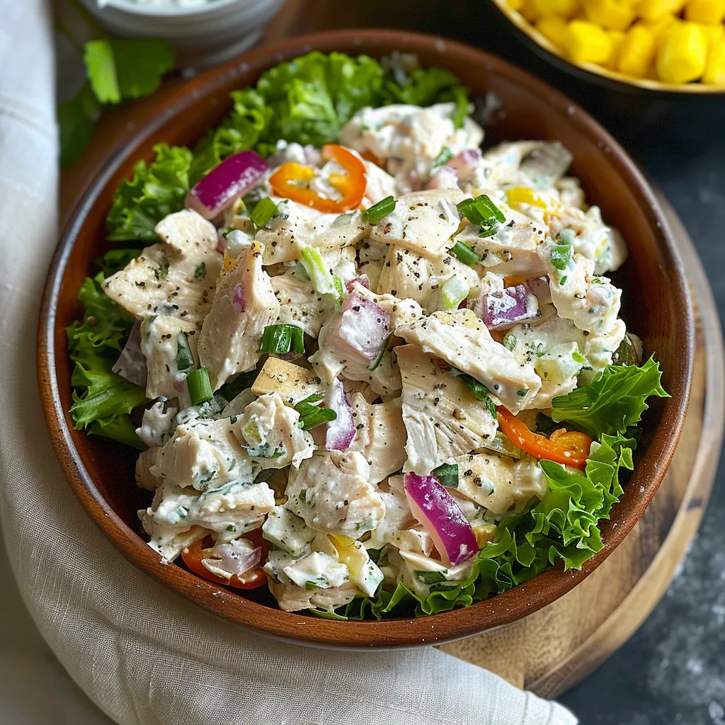 A vibrant bowl of chicken salad topped with banana peppers and veggies.