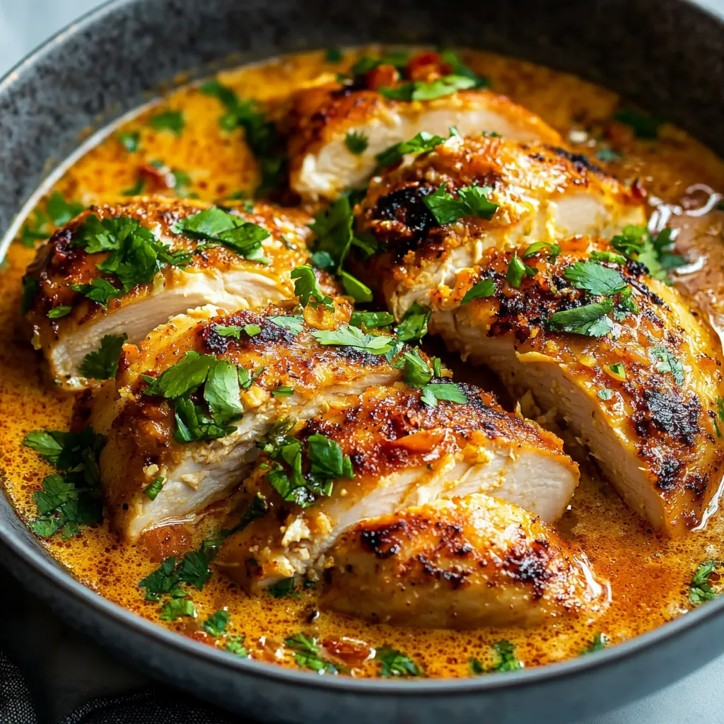 A bowl of chicken with herbs and spices.