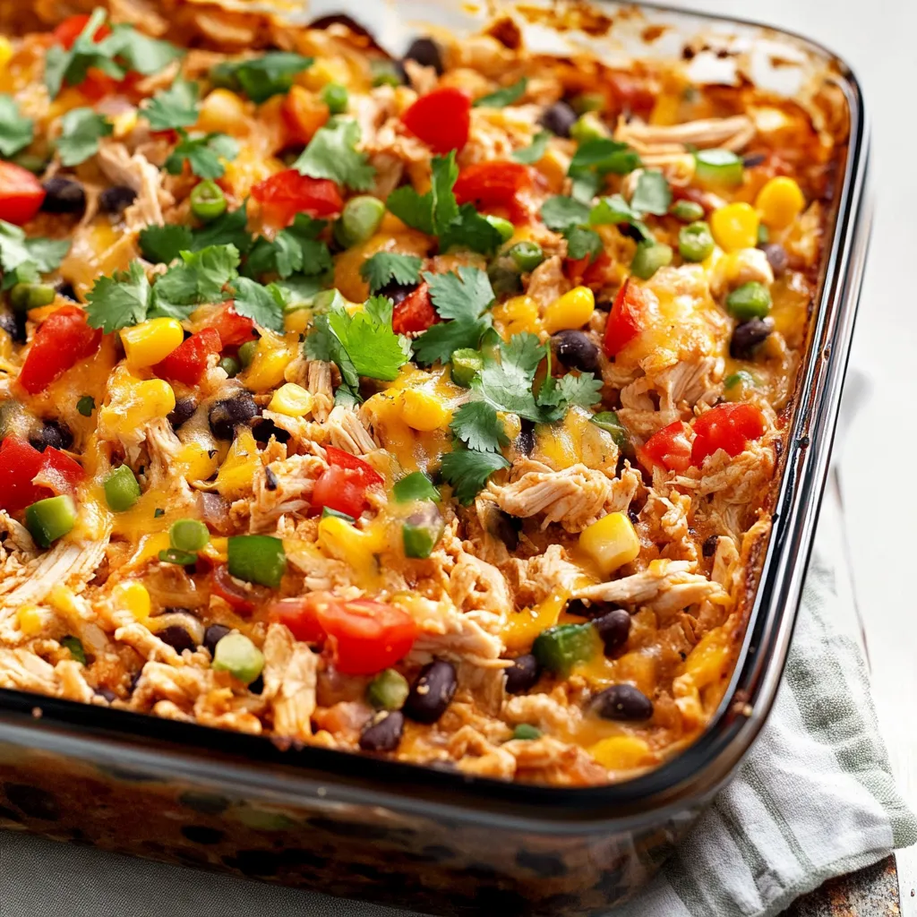 A cheesy chicken and rice bake with colorful veggies.