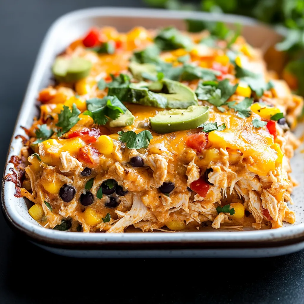 A pan of food with chicken, corn, and peppers.