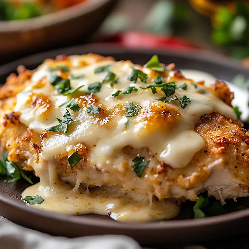 Plate of cheese-topped chicken.