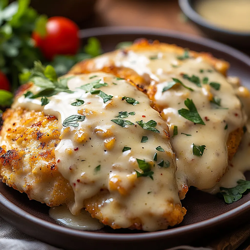 A plate of chicken with a creamy sauce.