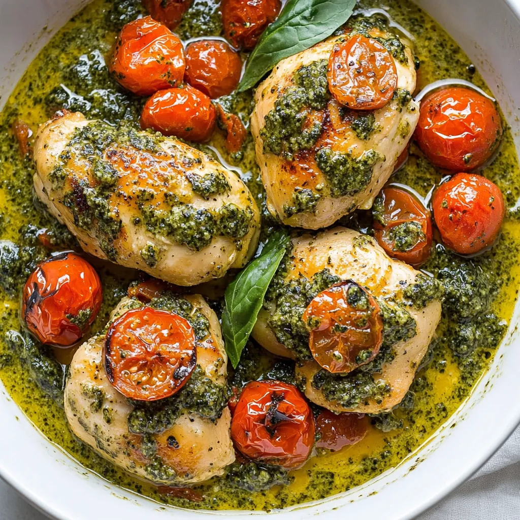 A bowl of chicken with tomatoes and herbs.