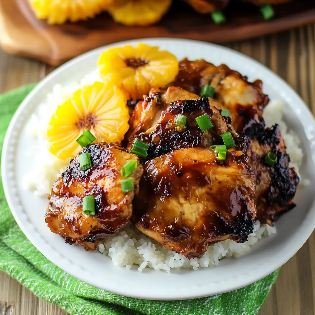 Plate of chicken, rice, and pineapple pieces.