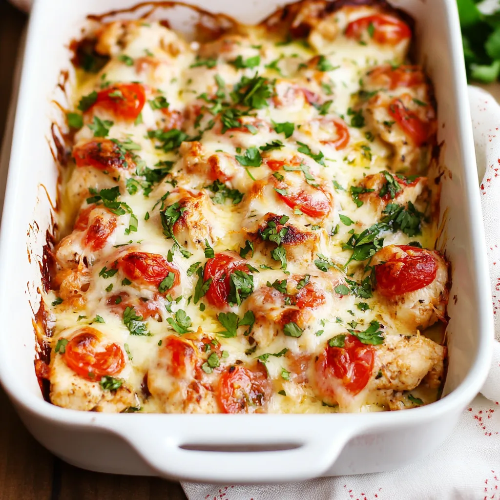 Chicken, melted cheese, and fresh veggies in a casserole dish.