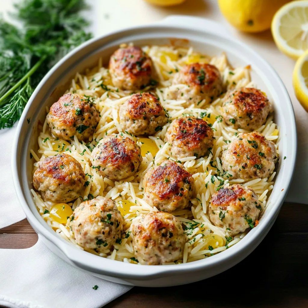 A bowl showing tender orzo and tasty chicken meatballs.