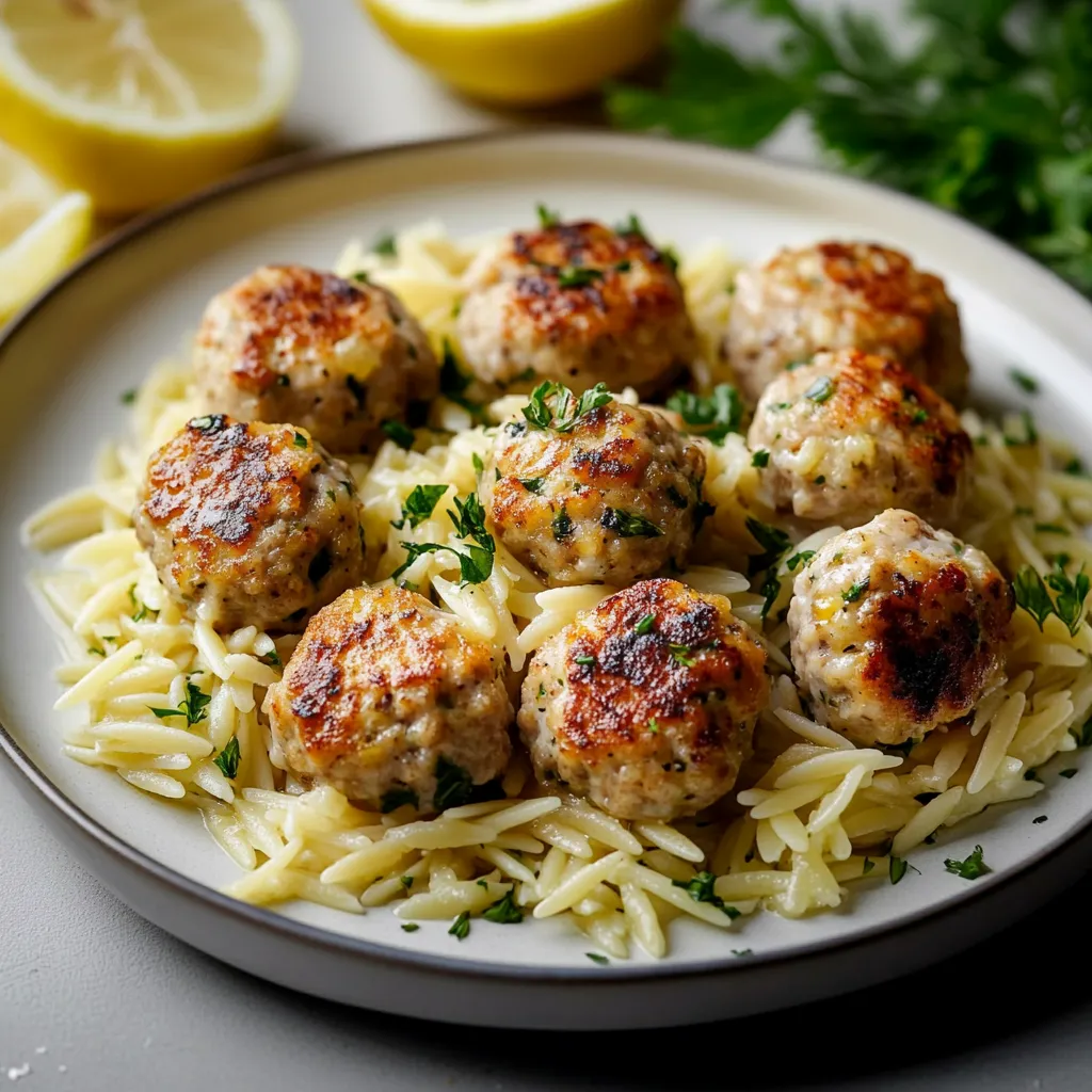 A plate of meatballs with a lemon wedge on the side.