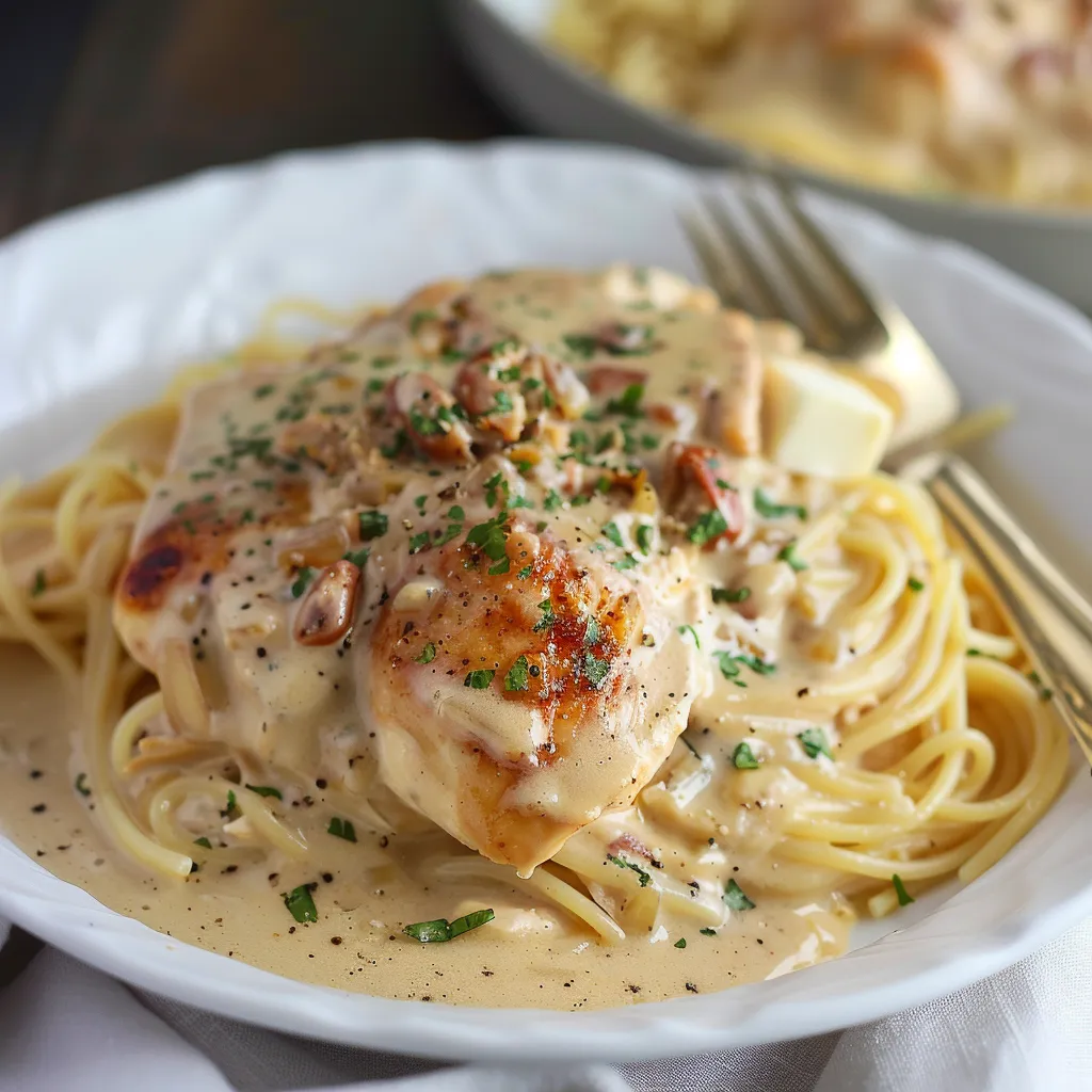 Creamy chicken over pasta with sauce.