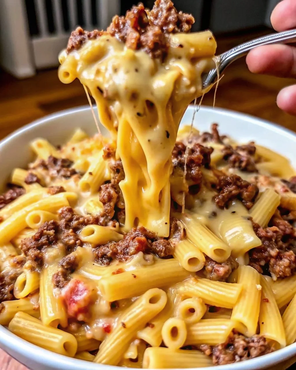 Fork twirling cheesy pasta in a bowl.