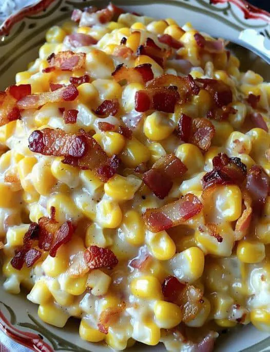 A bowl of cheesy corn with bacon.