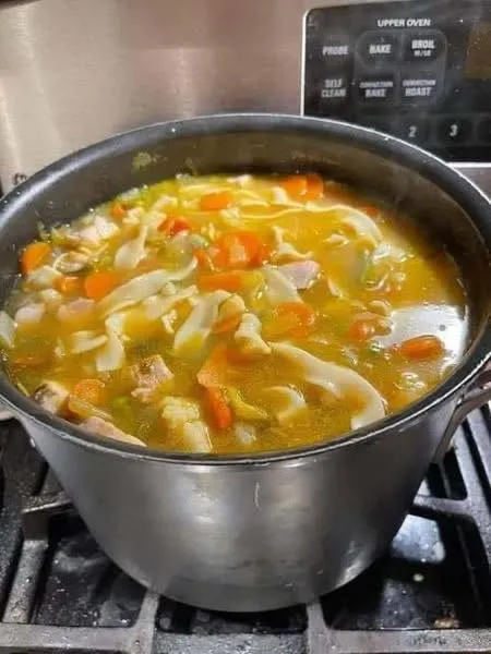 A steaming pot of noodles, chicken, and veggies.