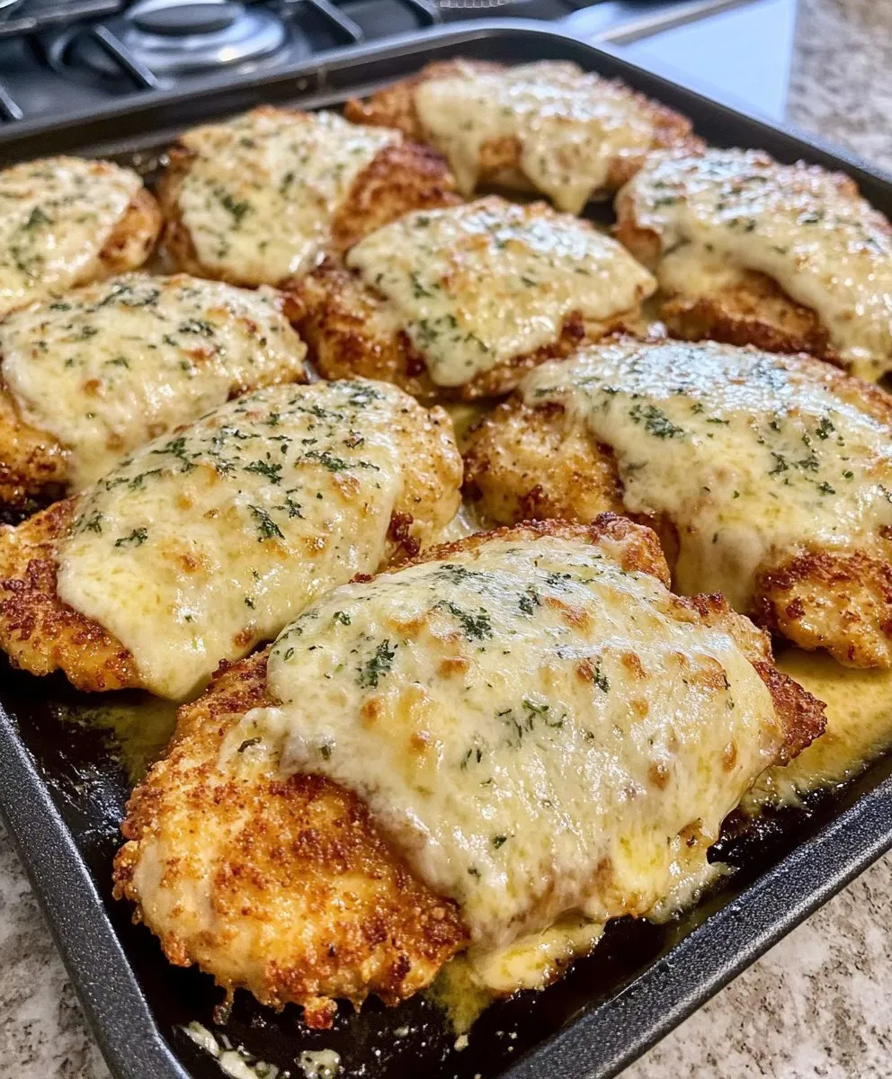 Cheese-smothered chicken in a pan.
