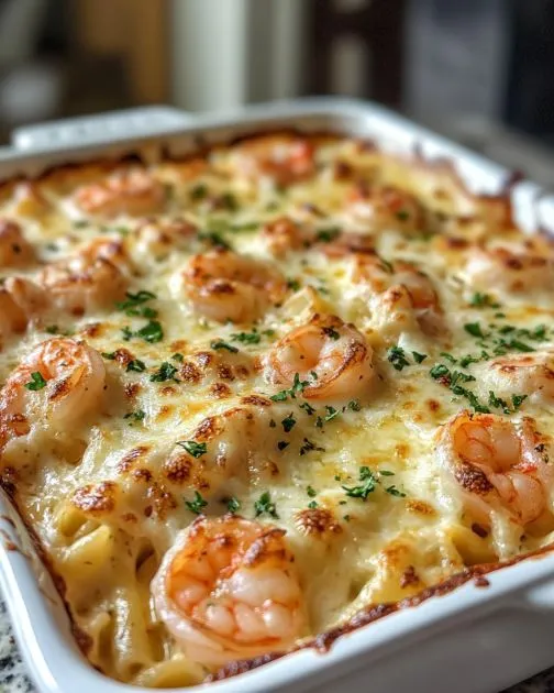 A bowl of shrimp and bubbly melted cheese.
