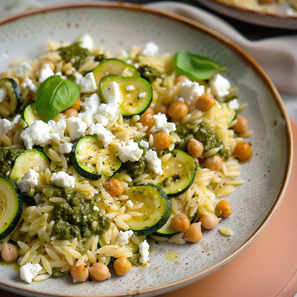 Orzo with zucchini, pesto, and creamy feta