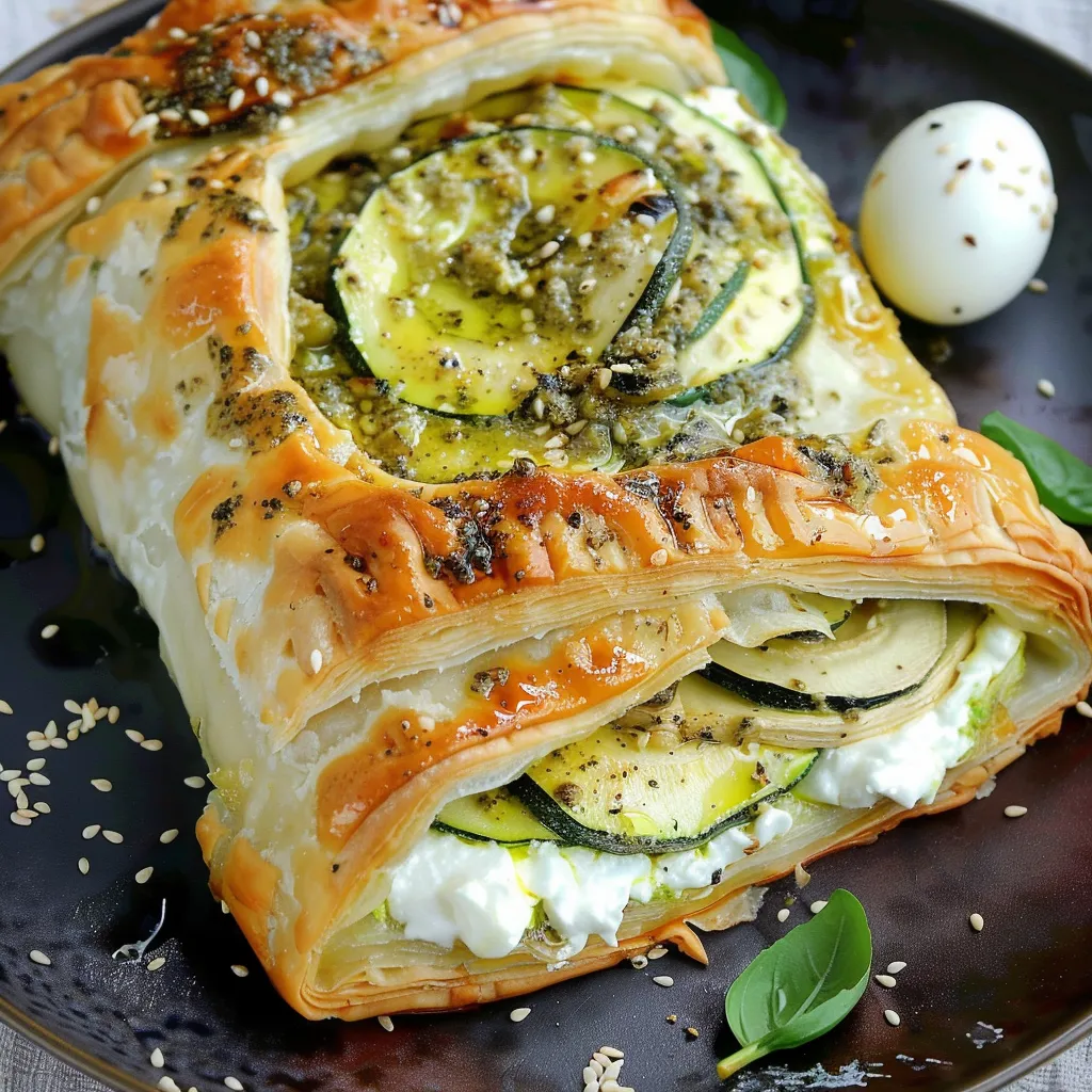 Zucchini tart with pesto and burrata