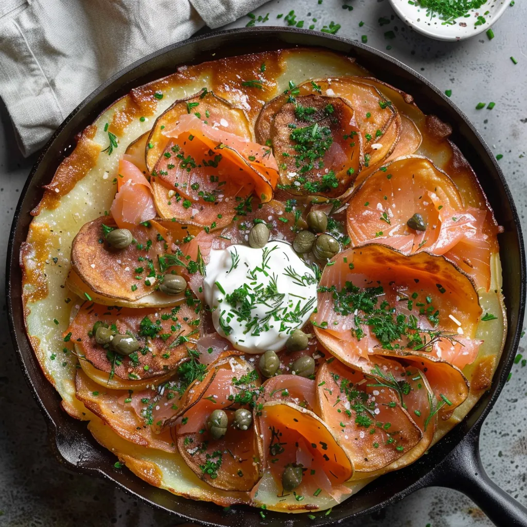 Crunchy potato cake topped with smoked salmon and crème fraîche
