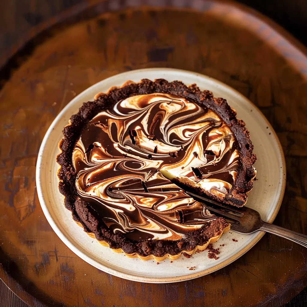 Brownie tart marbled with caramel and creamy cheese