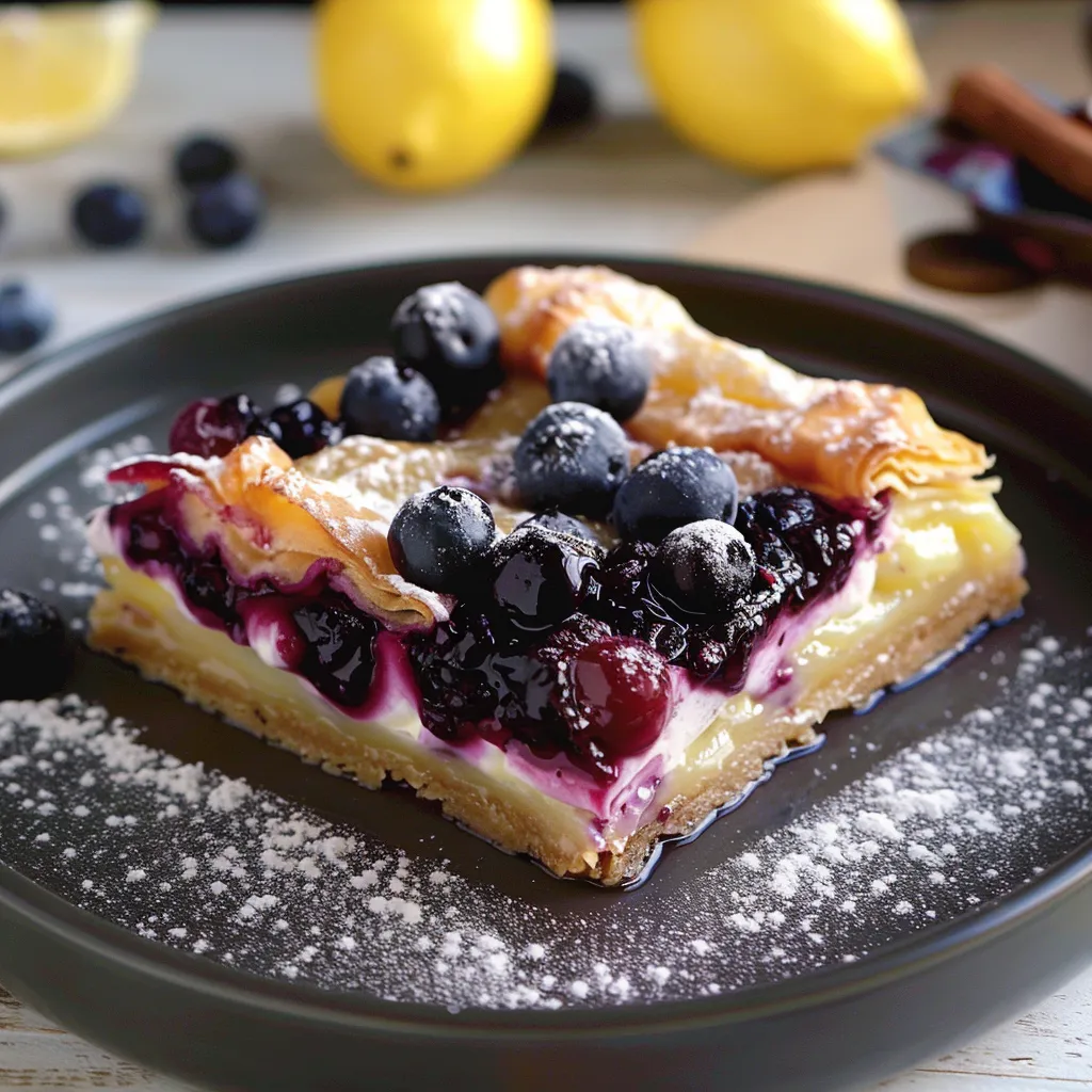 Delicious lemonopita with lemon and blueberry flavors