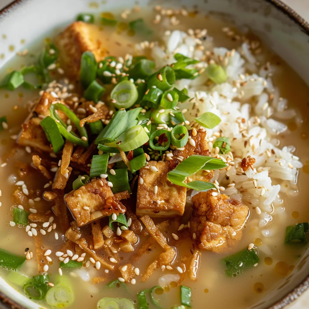Dig into a steaming bowl of miso ginger soup with crispy tofu chunks