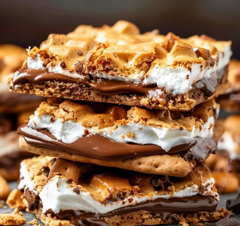 A gooey caramel and marshmallow dessert stacked with chocolate.