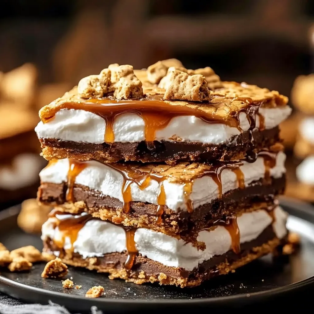 Brownie squares stacked with white icing and caramel on top.
