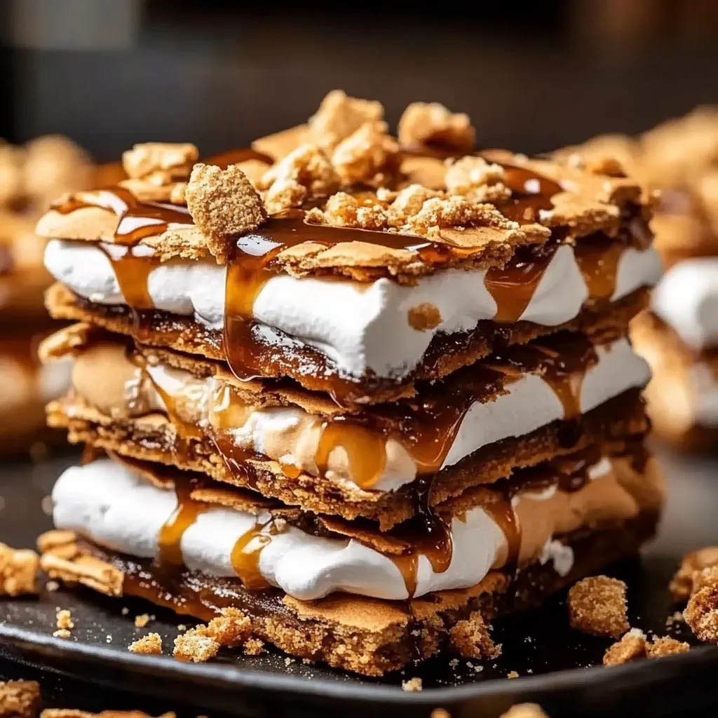 Dessert bars stacked with a caramel drizzle on top.