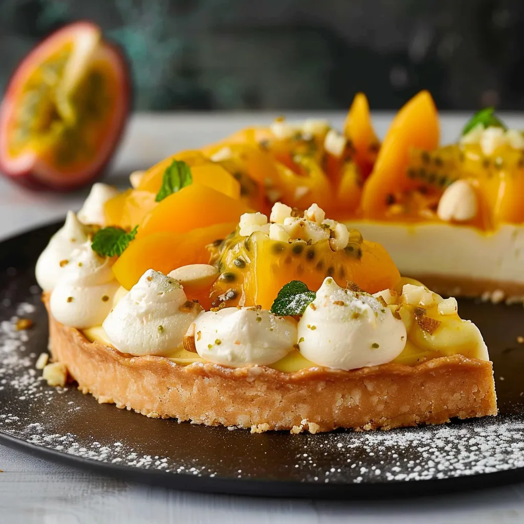 Decadent pie with coconut, mango and passion fruit