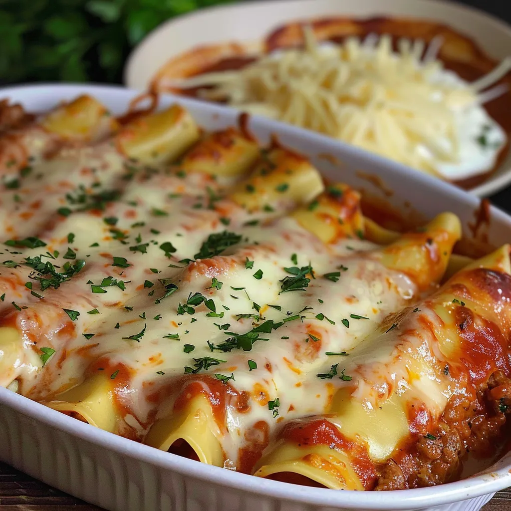 Beef-stuffed cannelloni topped with creamy mozzarella sauce