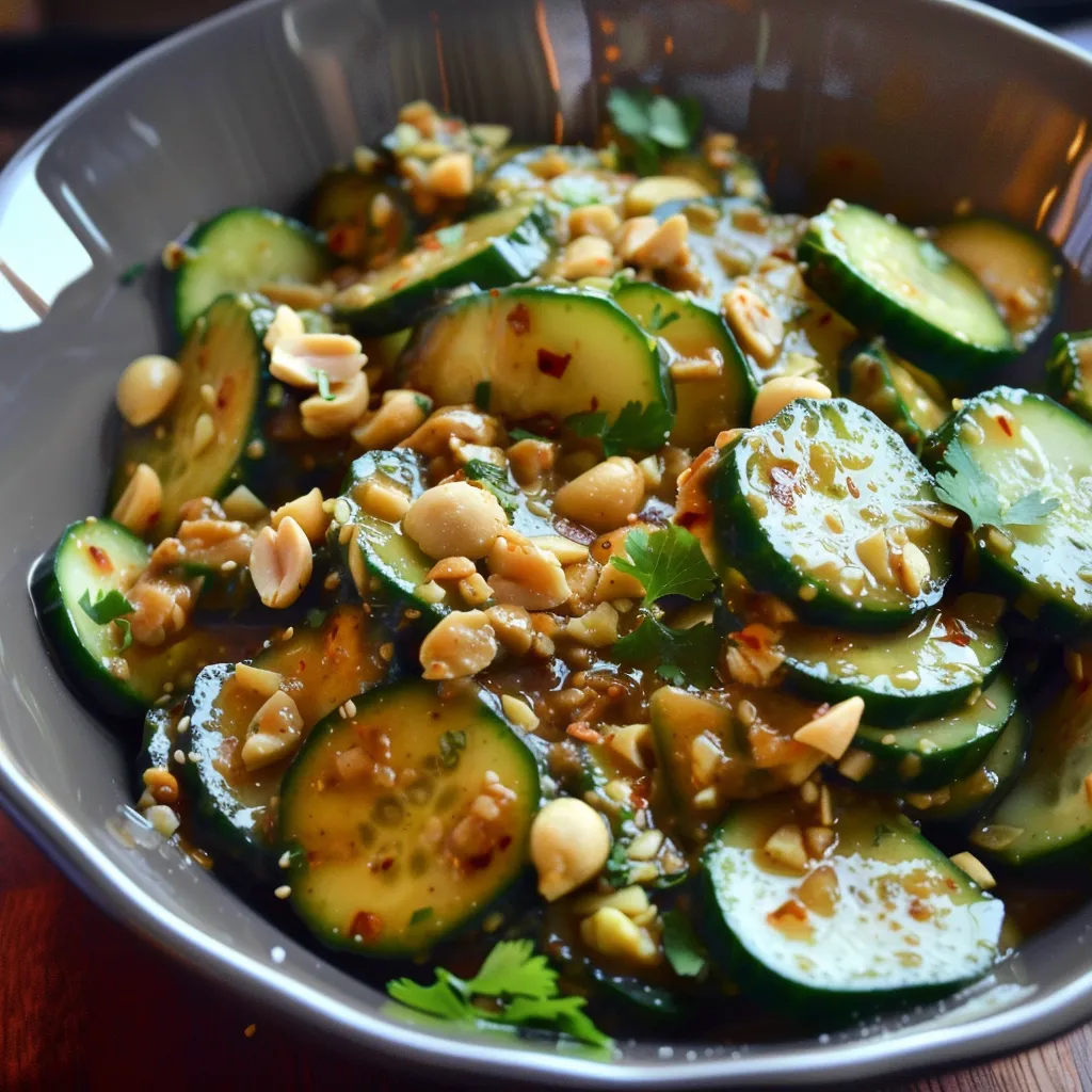 Cucumbers tossed in spicy peanut sauce