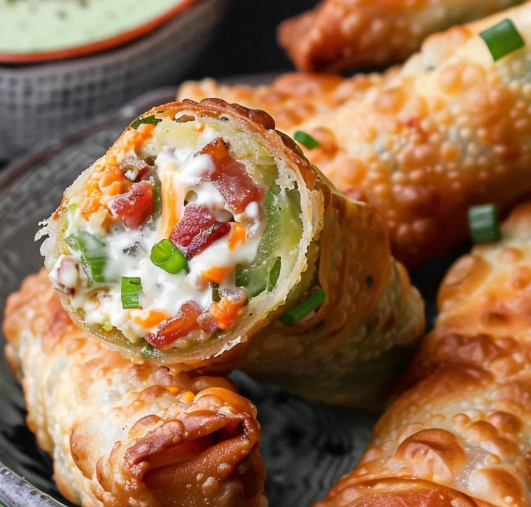 A dish with crispy rolls and a dip bowl.