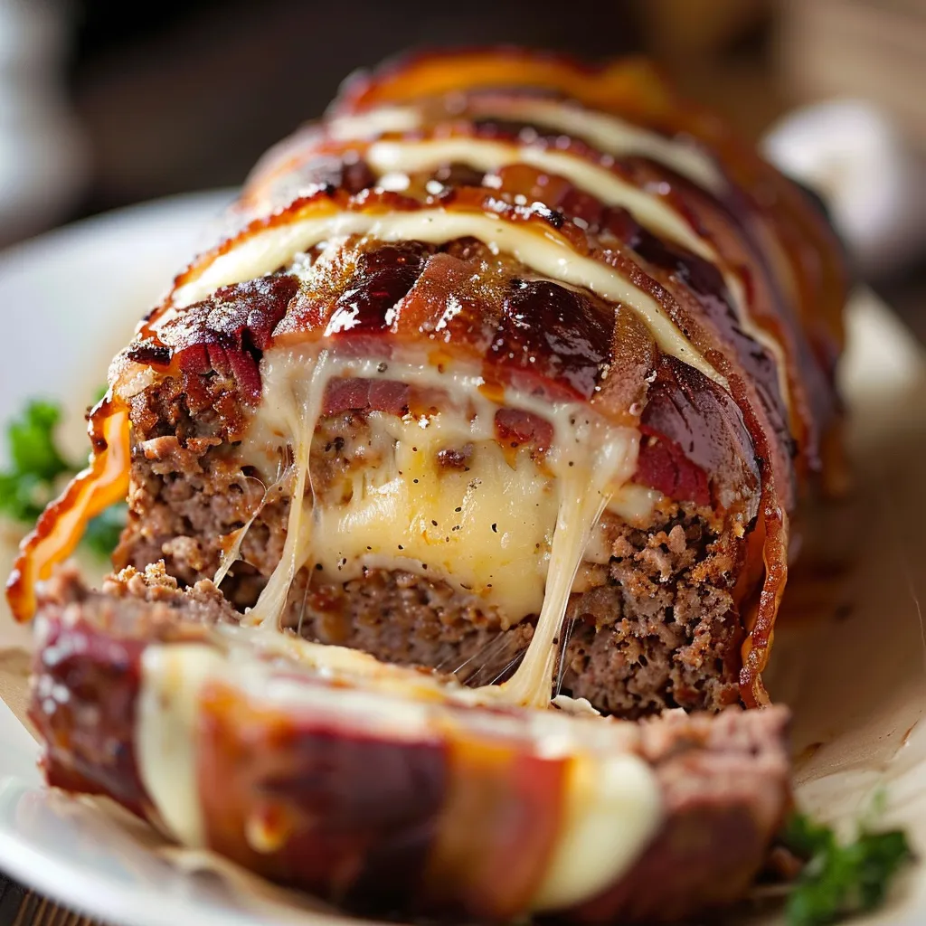 Cheese-stuffed meatloaf with crispy bacon