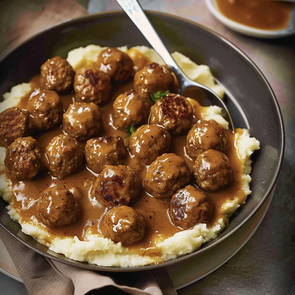 Meatballs with dark ale sauce and celery mash