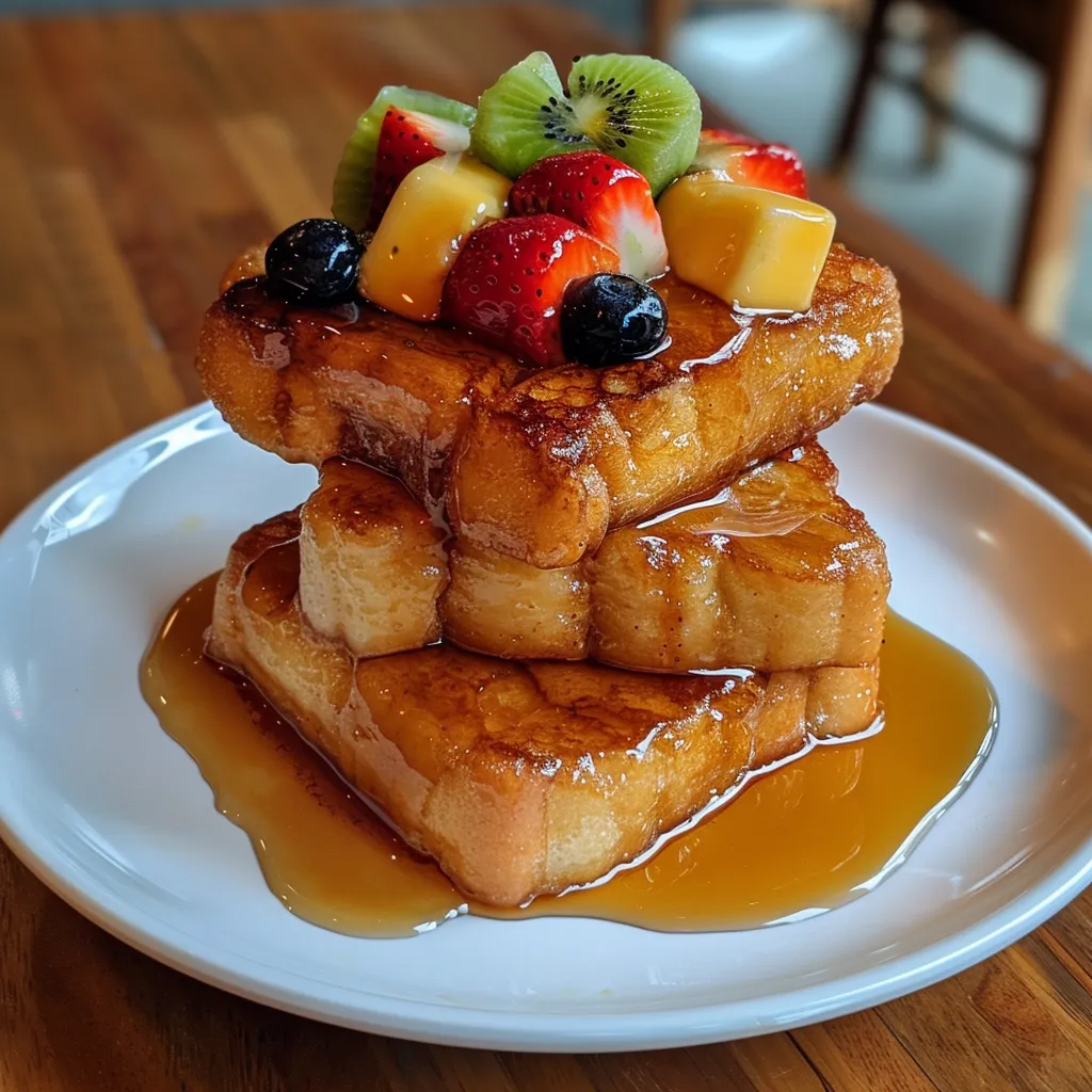 Super fluffy golden French toast with rich maple syrup