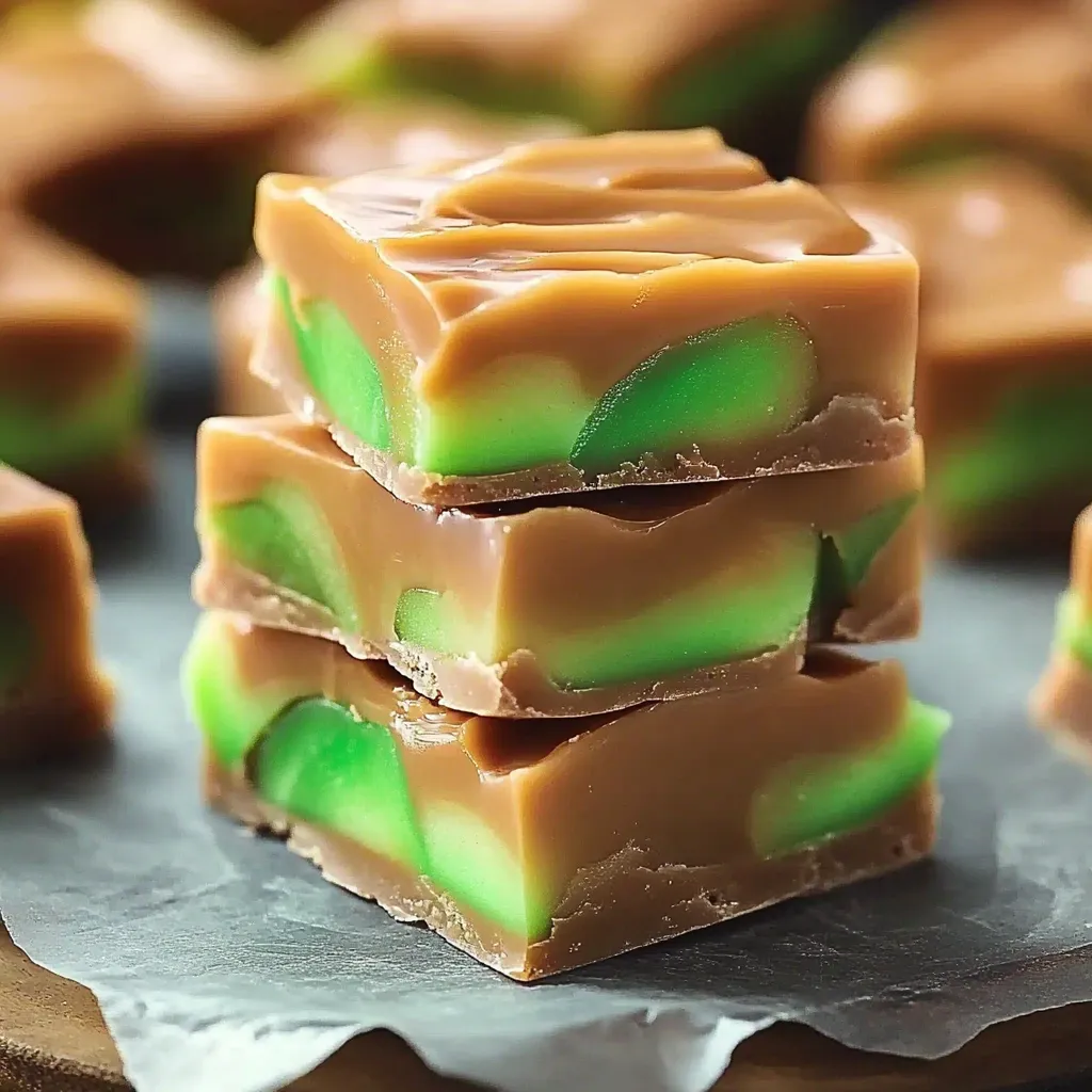 Stacked little green and brown candies.