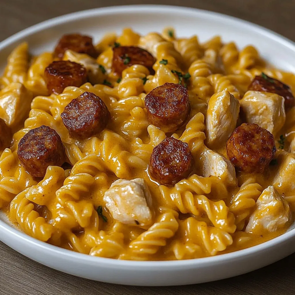 Chicken and sausage pasta all nestled together in a saucy pot.
