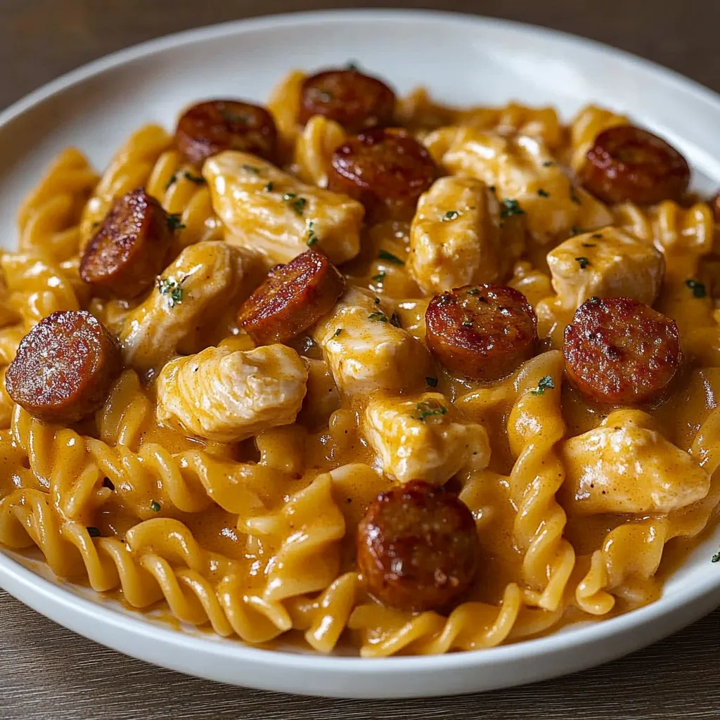Plate of pasta topped with sausage and chicken chunks.