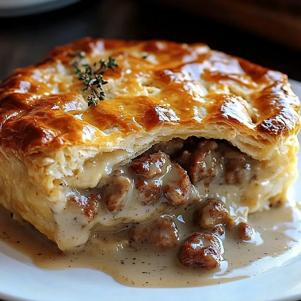 Golden pie loaded with savory gravy and sausage on a plate.