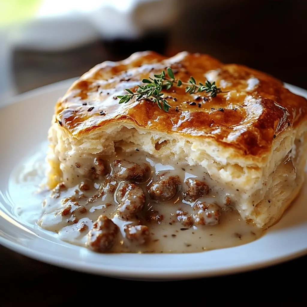 Crusty pie stuffed with savory sausage and gravy
