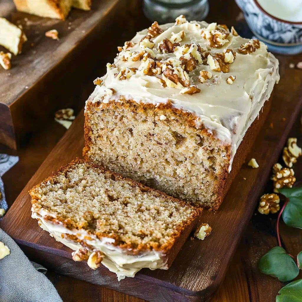 A slice of banana bread topped with pecans.