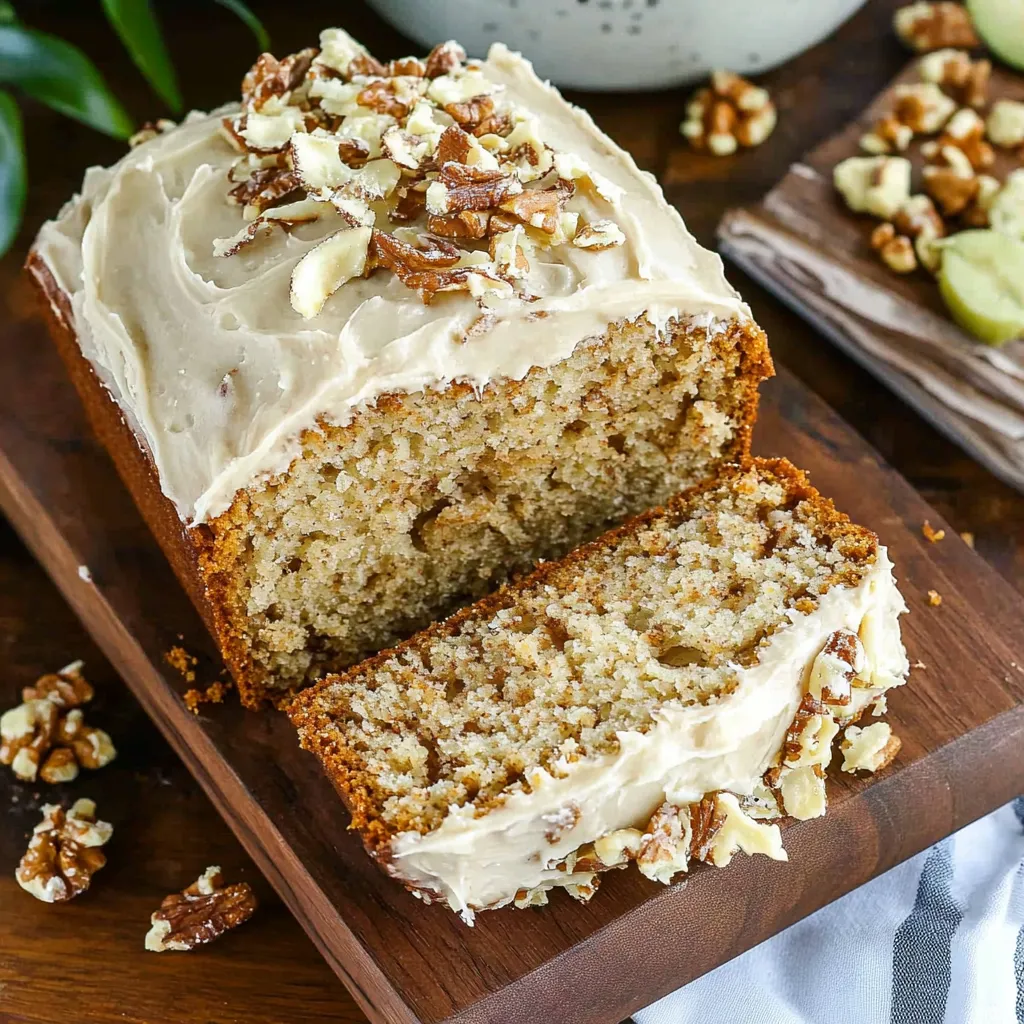 A soft cake slice topped with walnuts sits on a plate.