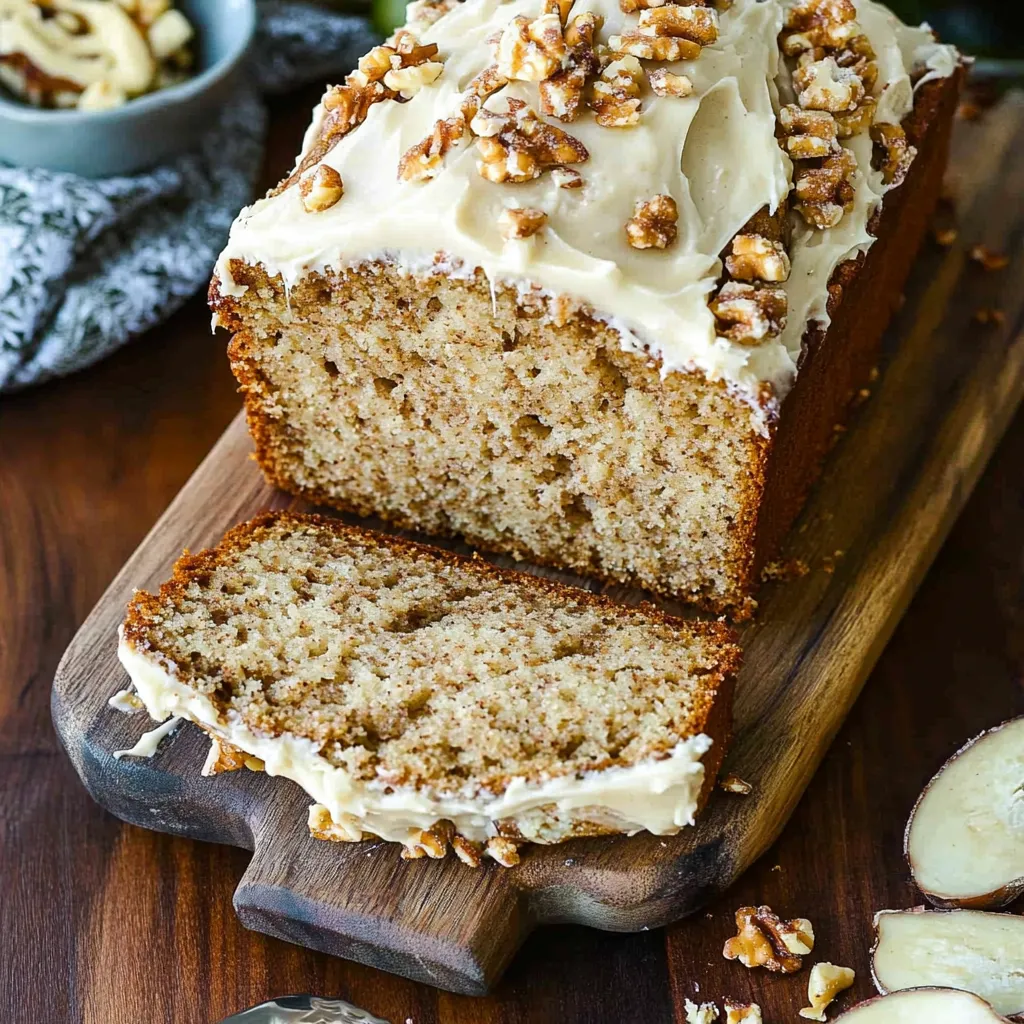 A cake slice topped with walnuts sits on a wooden board.